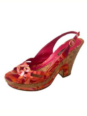 CARLOS by‎ Carlos Santana Canvas Cork Wedge Sandals Sz 10 Orange Colorful Casual